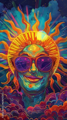 Colorful psychedelic illustration of a person with the sun behind them © Viktoriia