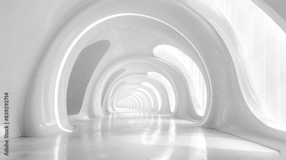 a long, curved tunnel with white walls and a bright light at the end. a long, curved tunnel with white walls and a bright light at the end.