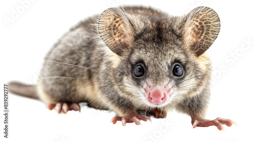 A small opossum with large ears and big eyes stares at the camera