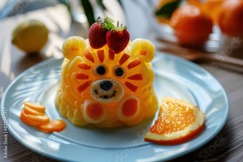 Orange jelly with strawberries in the shape of an animal on a plate. Children s dessert for a party.