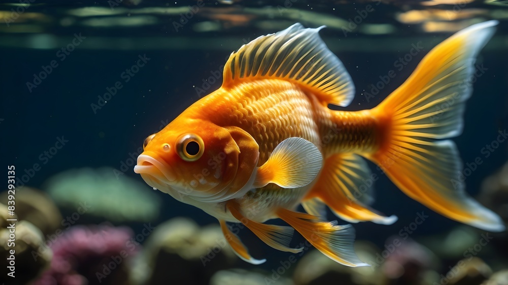 Close up image of goldfish swimming with its scales shimmering with a beautiful golden hue Close up image of goldfish swimming with its scales shimmering with a beautiful golden hue