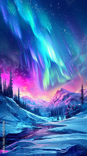 A vibrant depiction of the Northern Lights over a snowy landscape