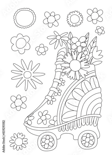 roller skates in hippie style. roller rings, flowers. Retro roller skates isolated on white background. Hippie drawing. Wheels, riding, driving. Fun for everyone. For holiday card. Vector