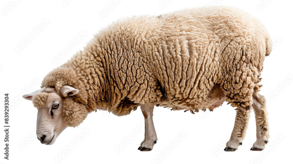 A single sheep stands on a white background A single sheep stands on a white background