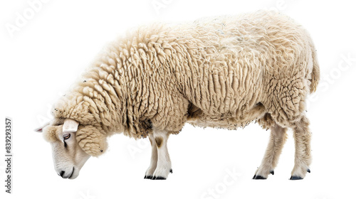 A white sheep stands on a white background photo