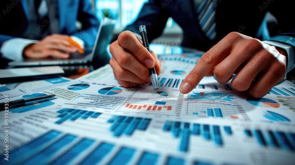 Business professionals analyzing financial data, pointing at detailed graphs and charts on laptops and documents Business professionals analyzing financial data, pointing at detailed graphs and charts on laptops and documents
