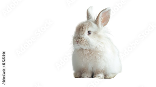 A white rabbit sits on a white background