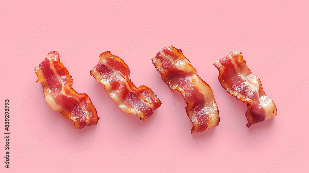 Four strips of bacon on a pink background. Minimalist. Generative ai. Four strips of bacon on a pink background. Minimalist. Generative ai.