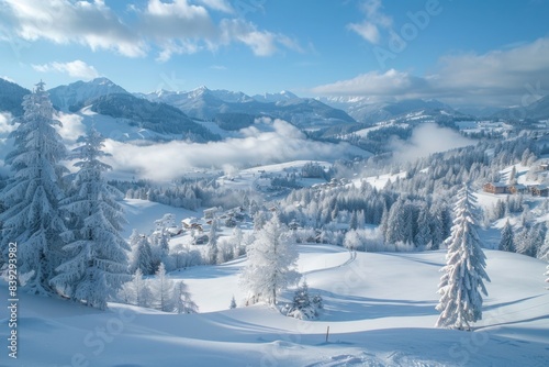 Snowy trees in a mountain valley with houses © Sandu