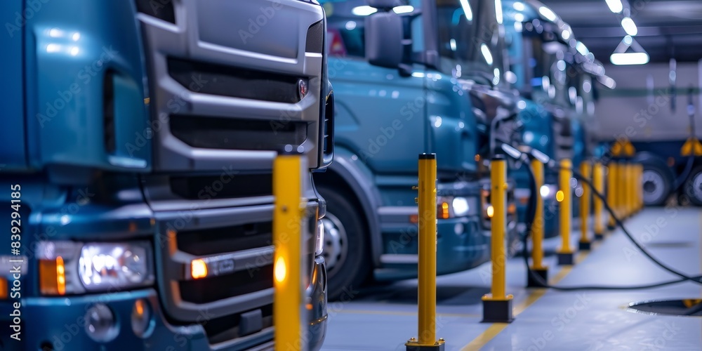 Fototapeta premium A row of blue semi trucks in a large modern warehouse