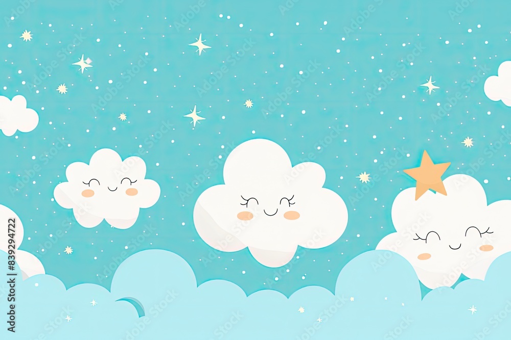Minimalist design featuring smiling cloud shapes in a light blue sky with a few scattered stars Minimalist design featuring smiling cloud shapes in a light blue sky with a few scattered stars