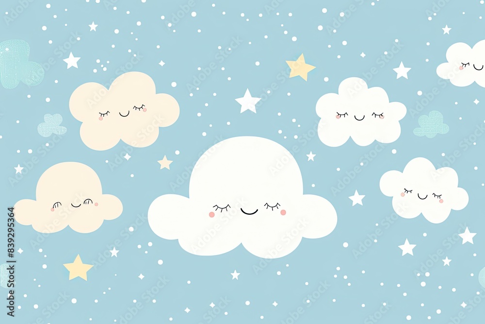 Minimalist design featuring smiling cloud shapes in a light blue sky with a few scattered stars Minimalist design featuring smiling cloud shapes in a light blue sky with a few scattered stars