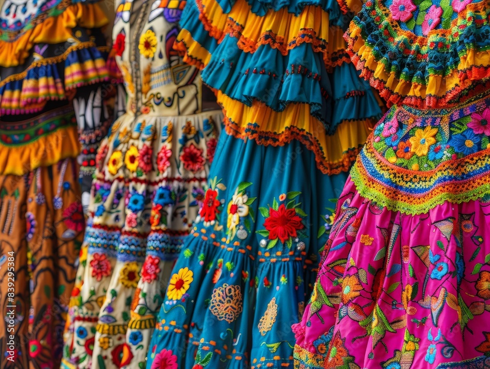 Richly Adorned Day of the Dead Costumes Celebrating Mexican Tradition with Vibrant Colors and Intricate Embroidery Richly Adorned Day of the Dead Costumes Celebrating Mexican Tradition with Vibrant Colors and Intricate Embroidery