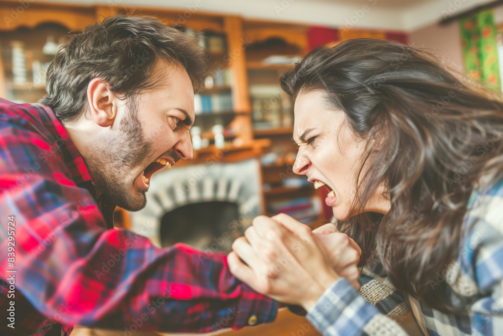 Married couple in a heated argument, showing frustration and potential separation Married couple in a heated argument, showing frustration and potential separation