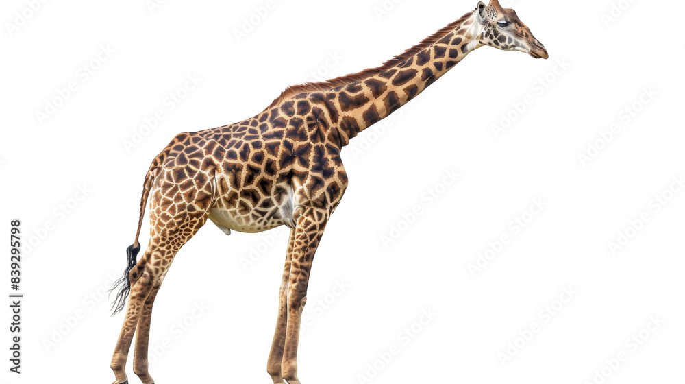 Naklejka premium A giraffe stands alone against a white backdrop