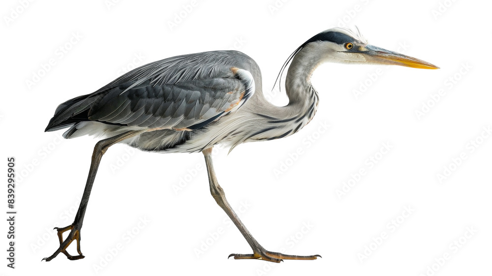 Obraz premium A grey heron walking on a white background
