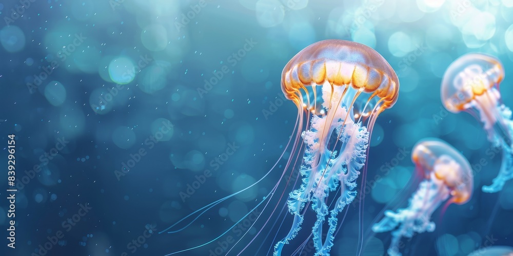 Fototapeta premium Orange jellyfish with blue tentacles in the blue ocean.