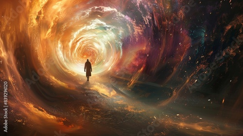 Enchanted Journey Ethereal Figure Stepping into Vibrant Portal of Magic and Mystery