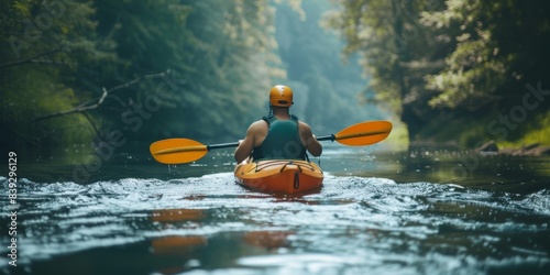 Man kayaking in a river. photo