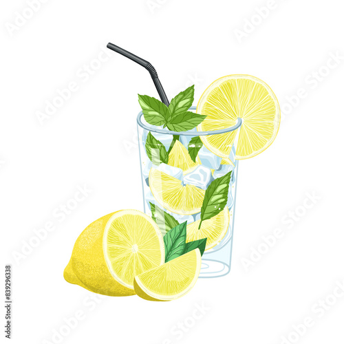 Lemon drink with ice and mint in glass and half of fresh lemon. Mojito or lemonade illustration. Vector art isolated on white background.