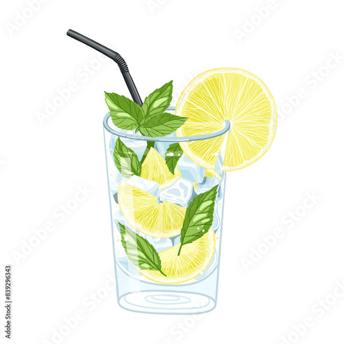 Lemon drink with ice and mint in glass with black straw. Mojito or lemonade illustration. Vector art isolated on white background.