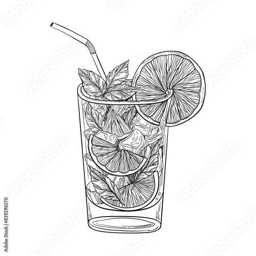 Lemon drink with ice and mint in glass with straw. Mojito or lemonade illustration. Vector art in sketch style isolated on white background. 