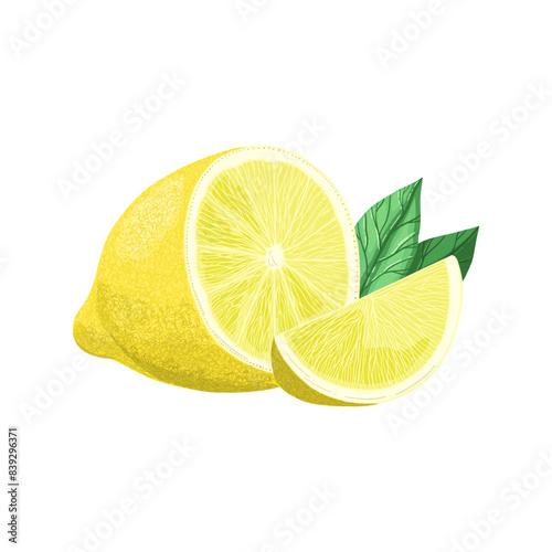 Fresh lemon. Half of lemon and lemon slice with leaves. Vector illustration isolated on white background.