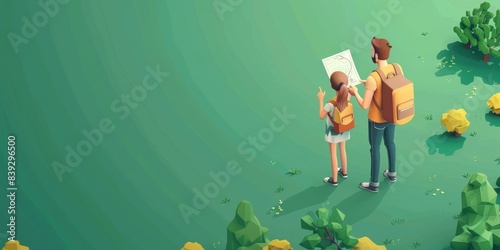 The child and his father go hiking in the jungle. They are looking at the map.