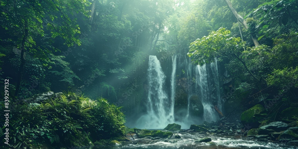 The photo shows a beautiful waterfall in the middle of a green forest The photo shows a beautiful waterfall in the middle of a green forest
