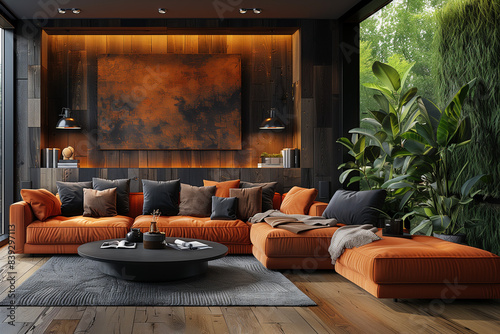 Modern grey living room with orange couch and highlighed, dark wall and plants; interior with bold elements with wooden floor; copy space for text; classy luxury apartment; nobody photo