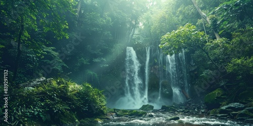 The photo shows a beautiful waterfall in the middle of a green forest