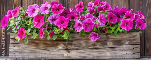 Pink petunias blooming in wooden box