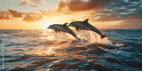 Two dolphins jumping out of the water at sunset.
