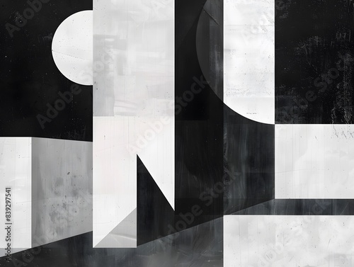 An abstract black and white composition. It features various geometric shapes