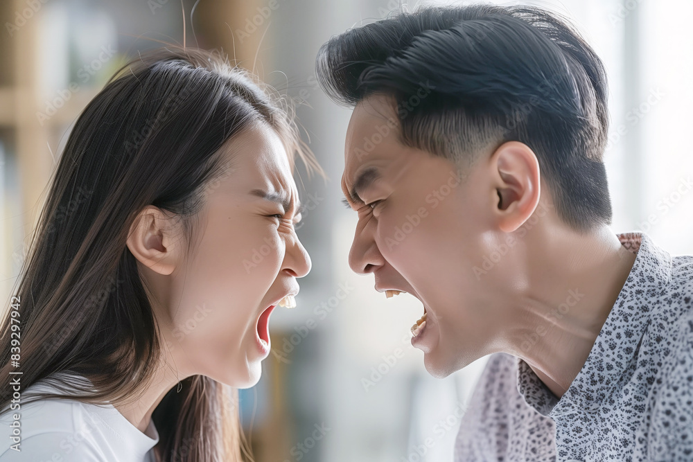 Angry Asian couple yelling at each other, crisis and stress in marriage Angry Asian couple yelling at each other, crisis and stress in marriage