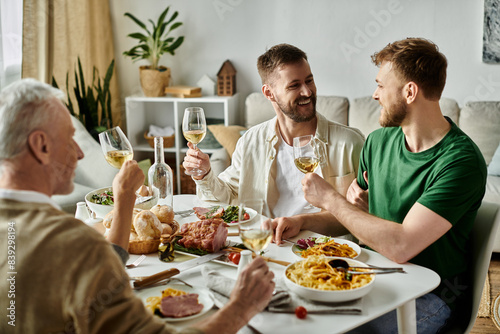 A gay couple shares a meal with parents  toasting to family and love.