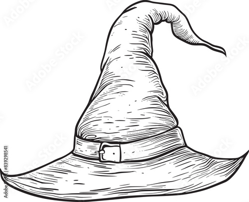 Witch hat. Halloween vector wizard icon. Witch cap. Black line magic sketch illustration. Haloween cartoon. Magician logo isolated. Scary helloween hand drawn costume element. Witchcraft drawing art