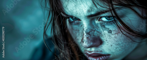 Close-up of intense woman with freckles and piercing blue eyes © thodonal