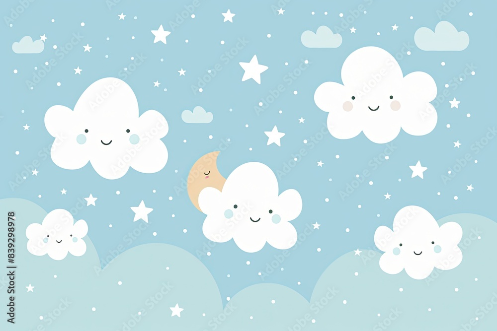 Minimalist design featuring smiling cloud shapes in a light blue sky with a few scattered stars Minimalist design featuring smiling cloud shapes in a light blue sky with a few scattered stars