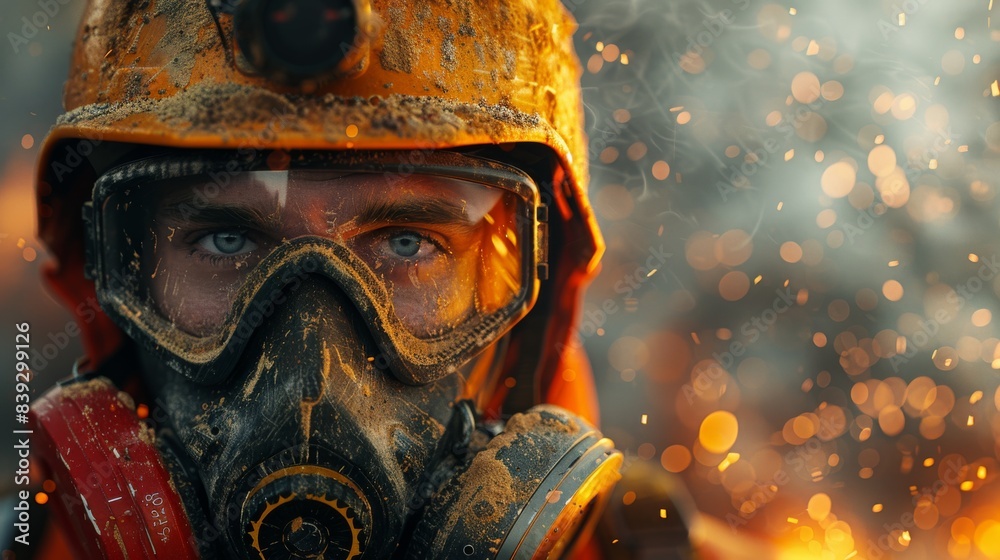 Firefighter portrait wearing soot covered helmet and mask Firefighter portrait wearing soot covered helmet and mask
