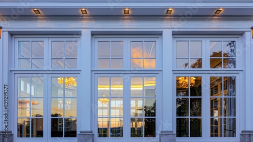 View of a white  large picture windows showcasing the interior lights, with the reflection 