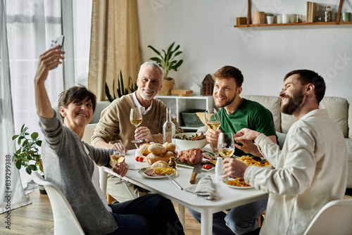 A gay couple shares a meal with parents.