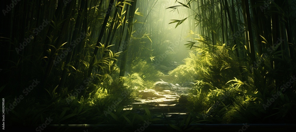 Naklejka premium Sunlight Filtering Through Vibrant Emerald Green Leaves Creating a Serene and Lush Forest Canopy Scene in a Natural Outdoor Setting