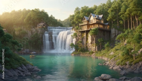 A beautiful and realistic waterfall cascading down a rocky cliff, surrounded by lush greenery. At the base of the waterfall, there is a serene pool with a charming house perched on the cliff edge. 