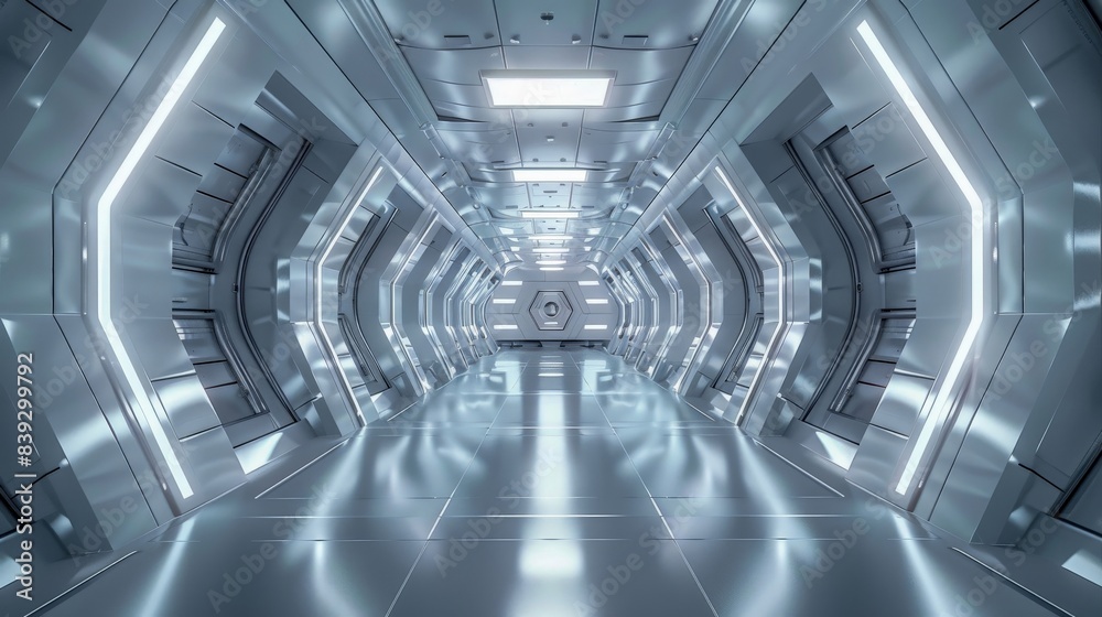 Futuristic Corridor with Shiny Metal Surface and Bright White Lights, Modern and Sleek Design, Calm and Serene Atmosphere Futuristic Corridor with Shiny Metal Surface and Bright White Lights, Modern and Sleek Design, Calm and Serene Atmosphere