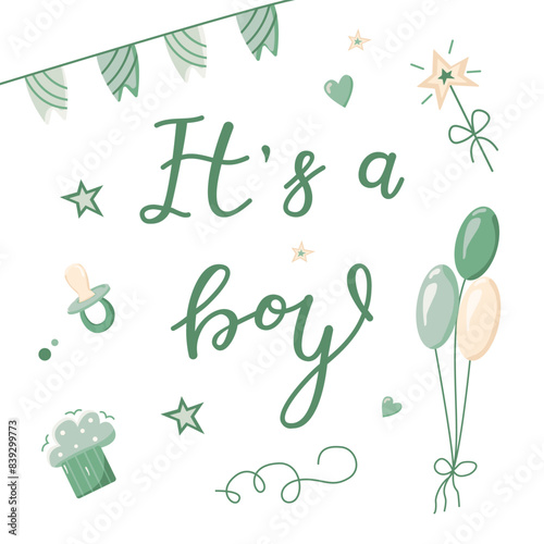 Hand drawn greeting card for the birth of a Boy. Vector invitation card template for baby gender reveal party. Color illustration with balls and flags on a white background.