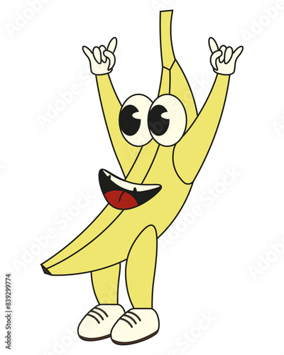 Groovy banana Character isolated white background. Tropical fruit in modern Geometrical Hand Drawn style. Vector illustration can used logo Banana farm. Editable stroke.