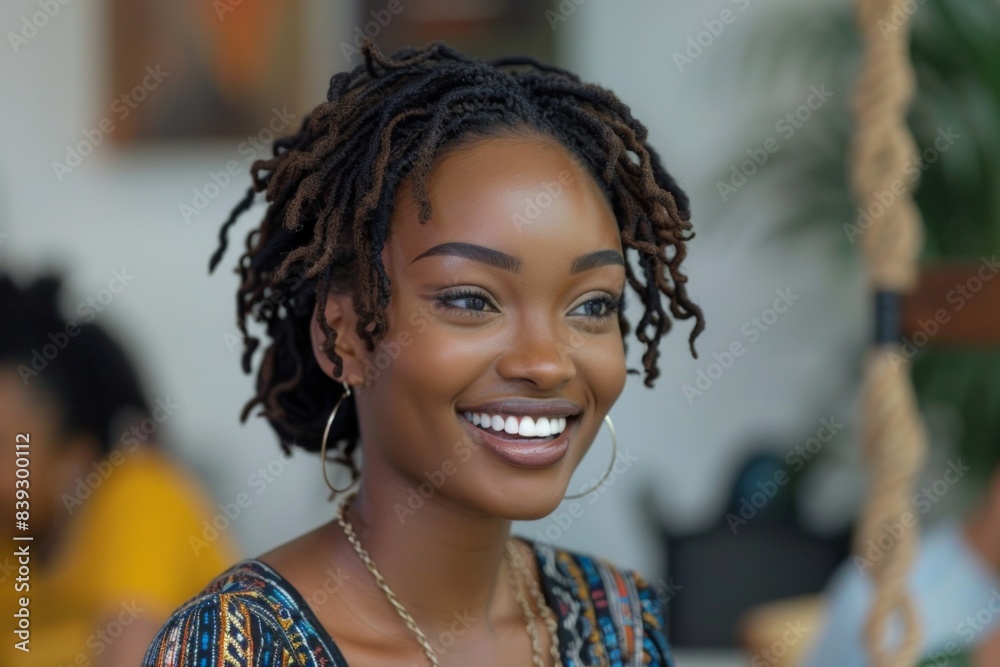 Joyful woman dreadlocks swing necklace