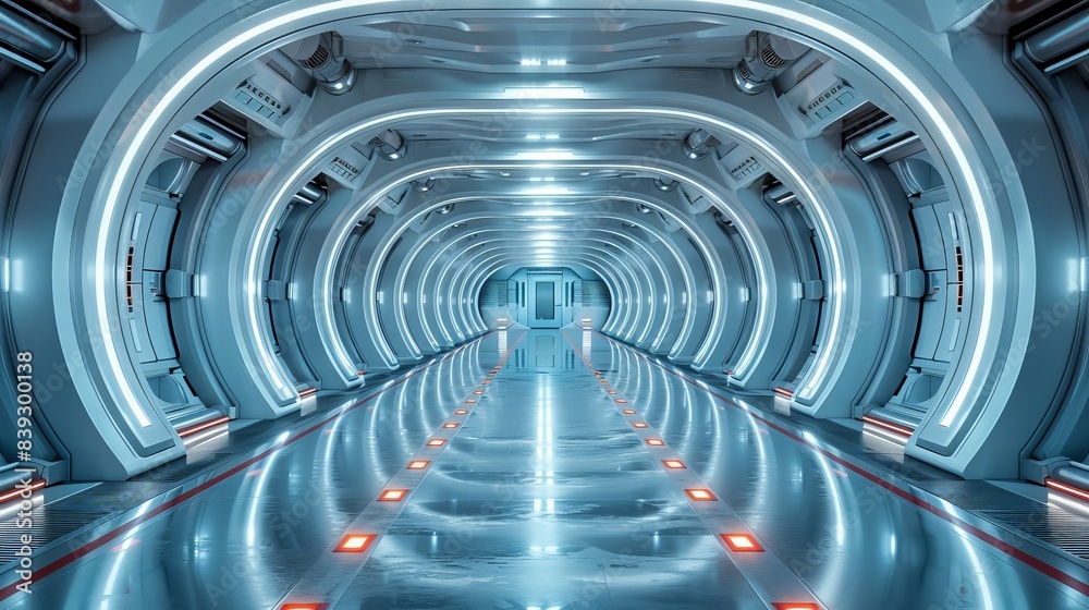 Futuristic Sci-Fi Corridor with Shiny Reflective Floor, Curved Walls, Ribbed Ceiling, and Bright Light at End Futuristic Sci-Fi Corridor with Shiny Reflective Floor, Curved Walls, Ribbed Ceiling, and Bright Light at End