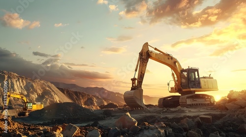 Heavy Machinery Excavating at Construction Site with Sunset Sky
